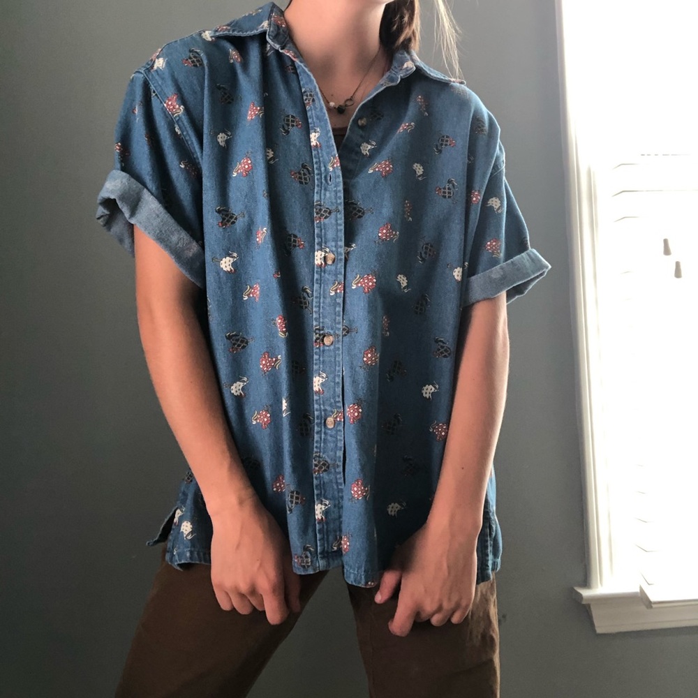 Denim Button-Uo Shirt (with chickens!)